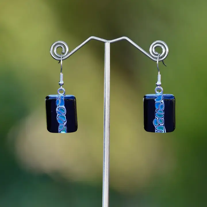 Giro Black and Blue Murano Glass Murrine Earrings